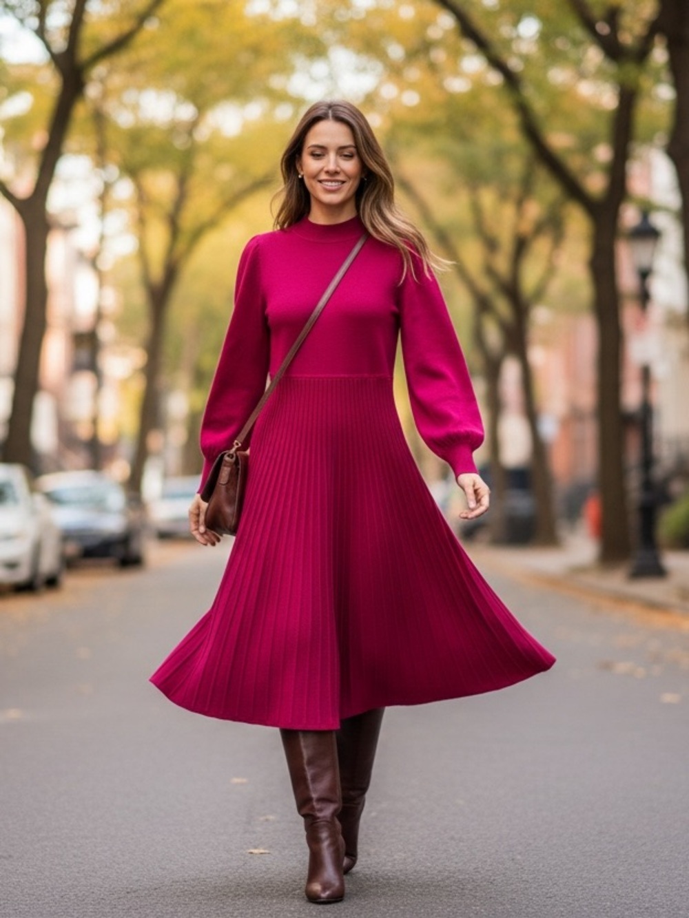 Pleated Long-Sleeve Midi Dress in Berry